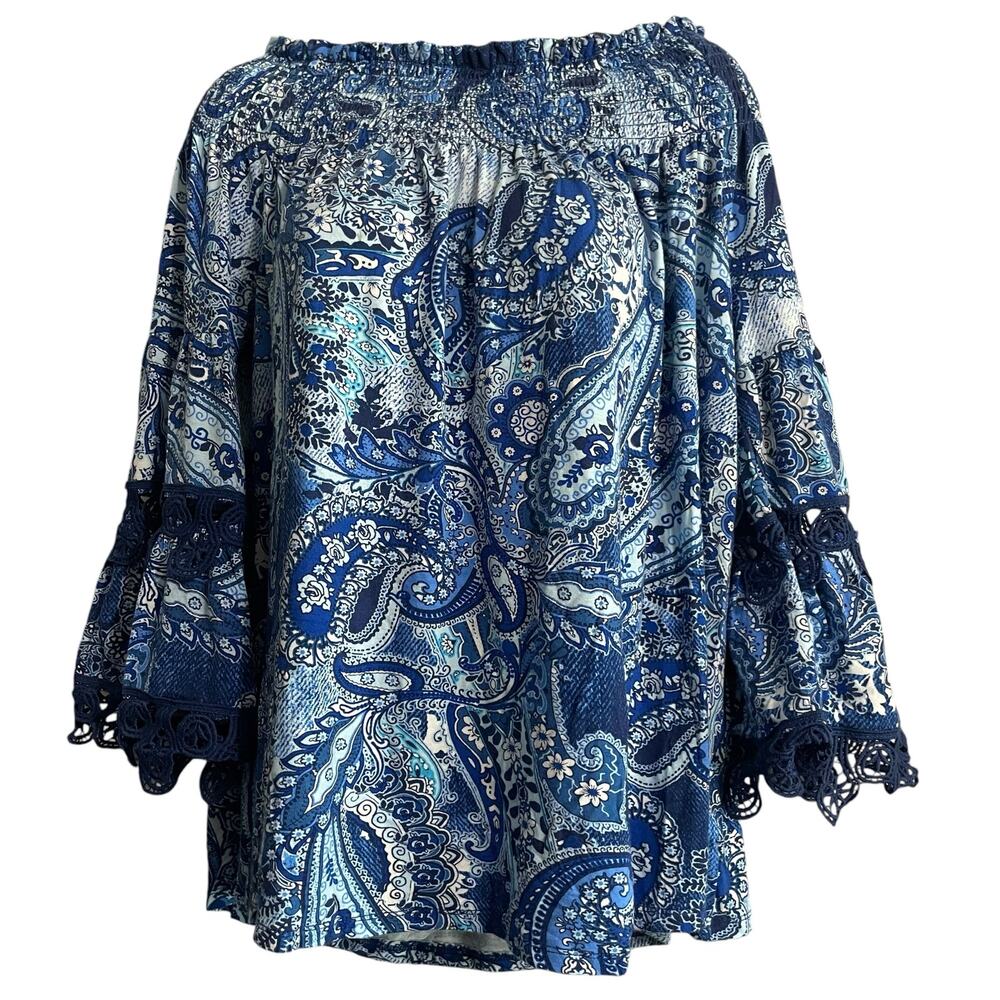 LC Lauren Conrad Blouse Large Blue Floral Top Paisley Boho Lace Bell Sleeves Top